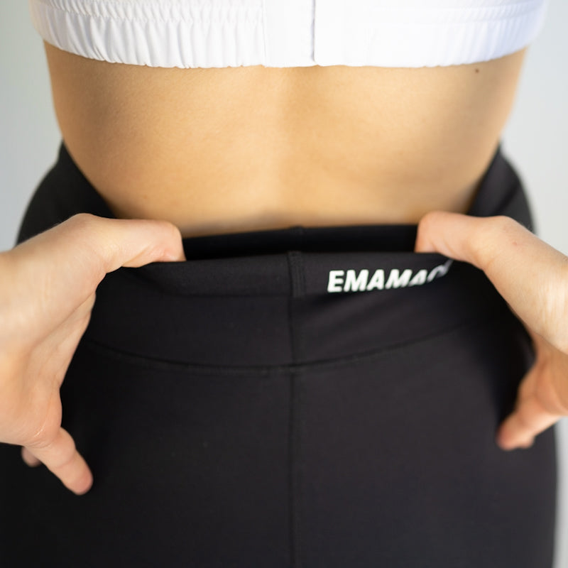 Black athletic shorts with EMAMAC waistband for fit everyday leggings with pockets