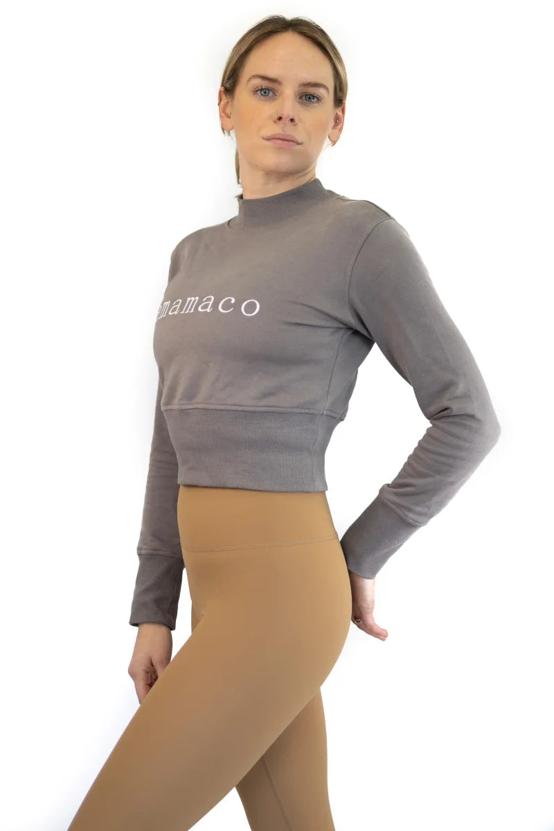 Gray cropped sweatshirt with Monaco text over tan leggings from Final Sale collection