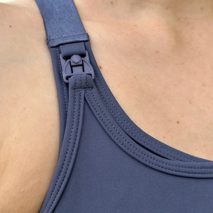 Adjustable strap detail of Elevate Nursing Sports Bra in blue-gray color