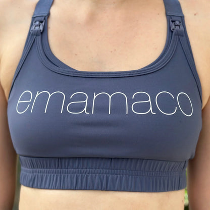 Gray Elevate Nursing Sports Bra with emamaco print in white on the front