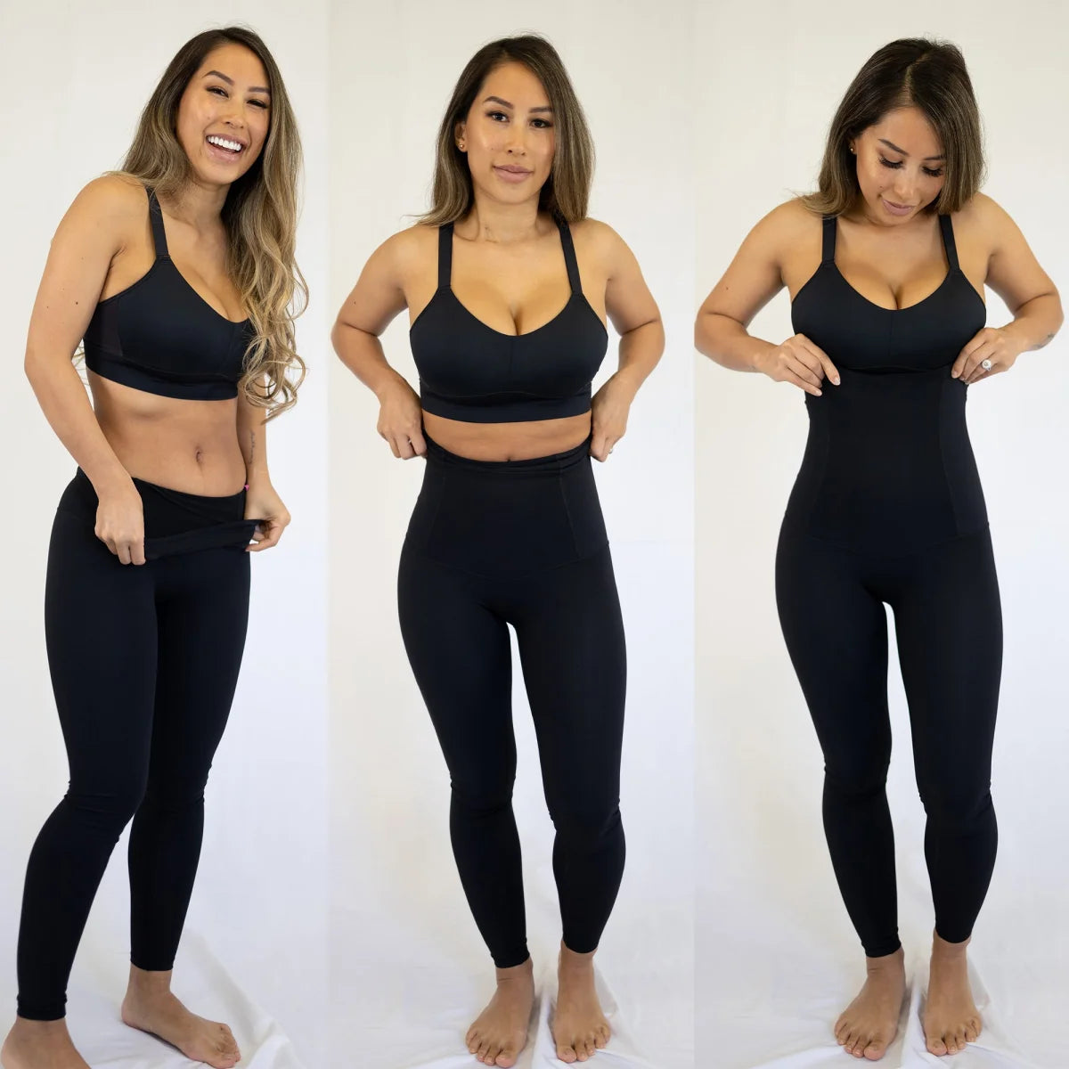 Three-panel comparison of Emama 7/8 Leggings showcasing best selling black athletic wear