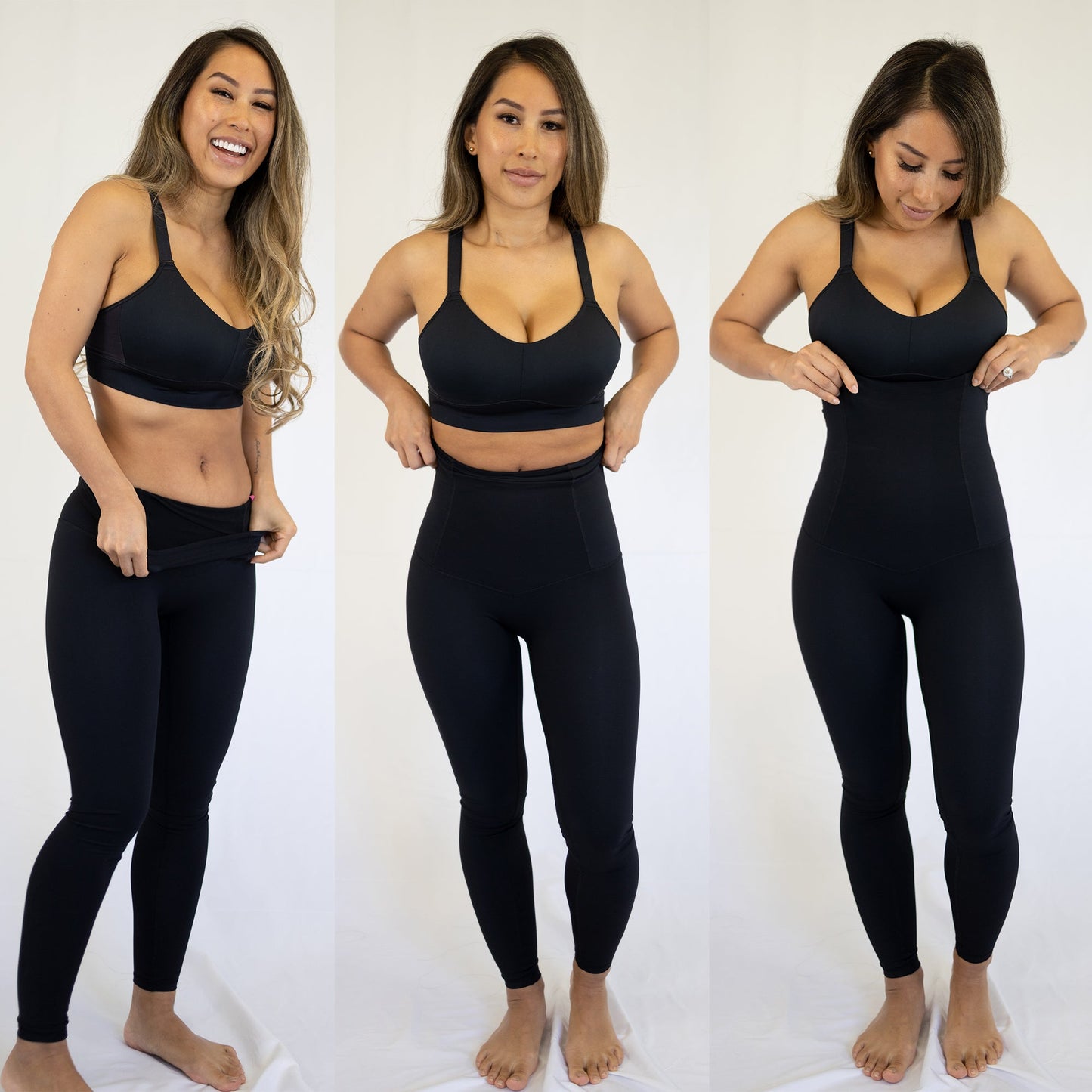 Three-panel image comparing black athletic wear for pregnancy recovery and postpartum use