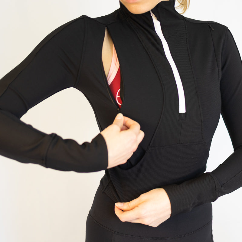 Black Rosetta Nursing Top with white zipper, perfect for body hugging breastfeeding needs